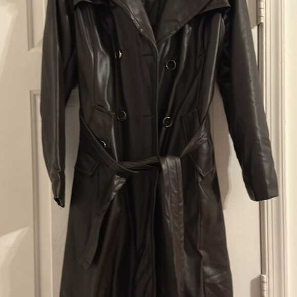 Vince Camuto Espresso Brown Leather Trench Coat Style Faux Fur Collar Size M - Picture 1 of 6